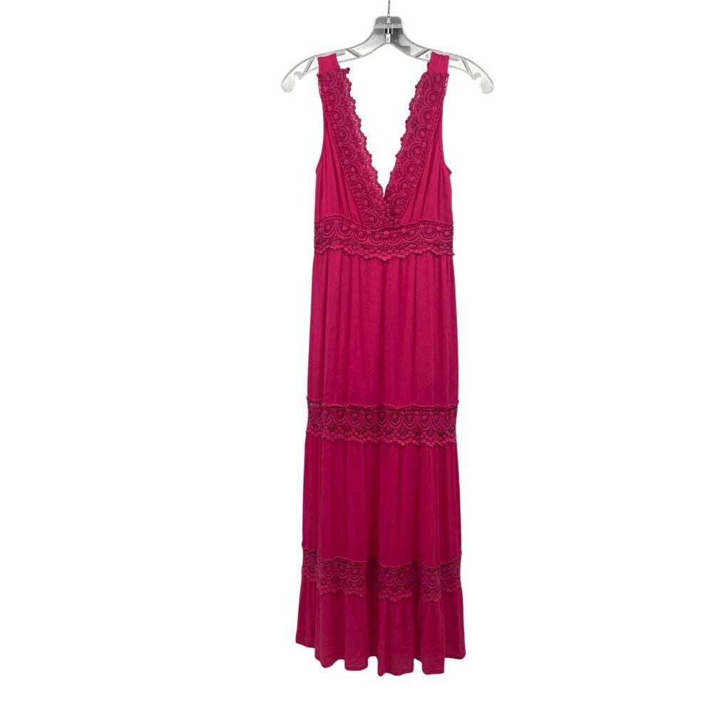 Sweet Lovely Womens Tiered Maxi Dress Crochet Sleeveless Pink Size Small